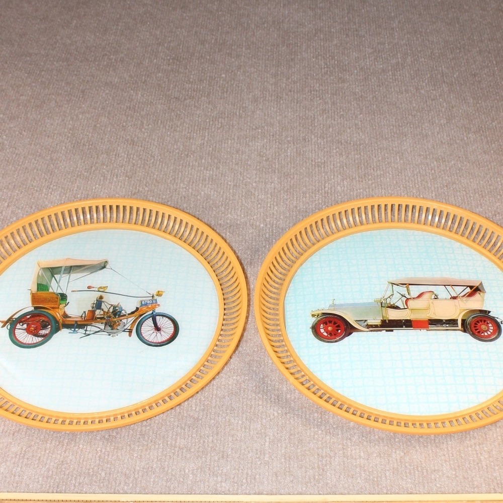 Vintage Norleans Serving Trays Set of 2 Antique Car Tricycle Greece 12.5"
